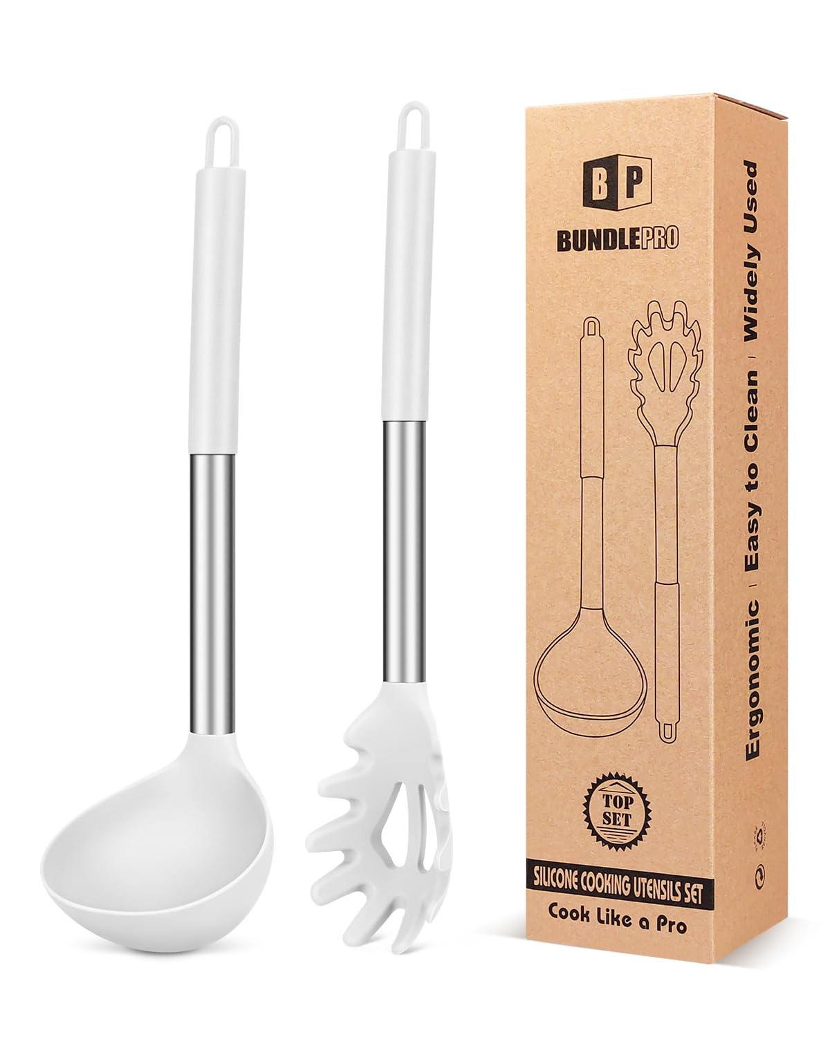 BUNDLEPRO Silicone Soup Ladle and Pasta Spoon Set, 2 Pack, Gray