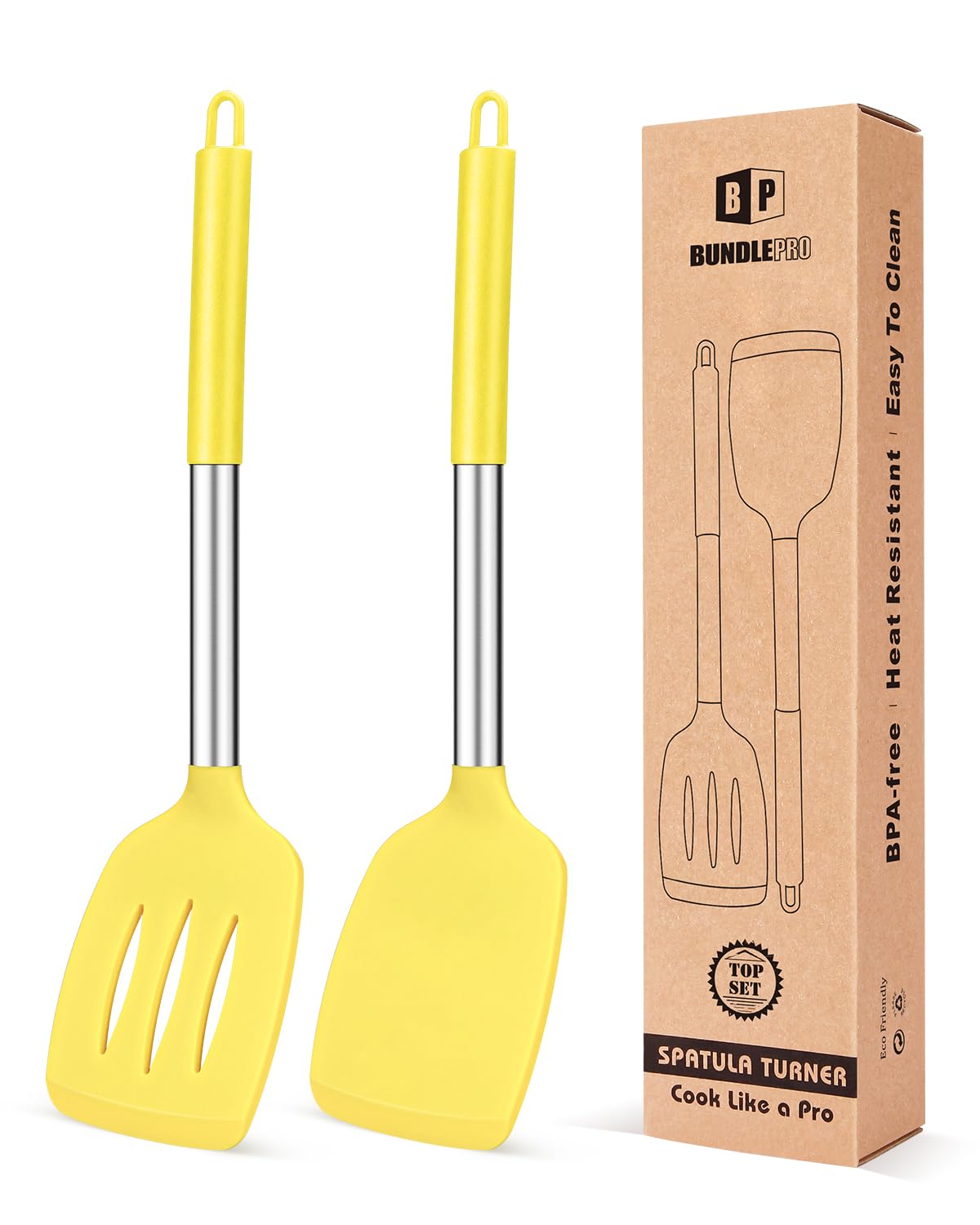 Pack of 2 Silicone Solid Turner, Non Stick Slotted Kitchen Spatulas, High Heat Resistant BPA Free Cooking Utensils, Ideal Cookware for Fish, Eggs, Pancakes(Green)