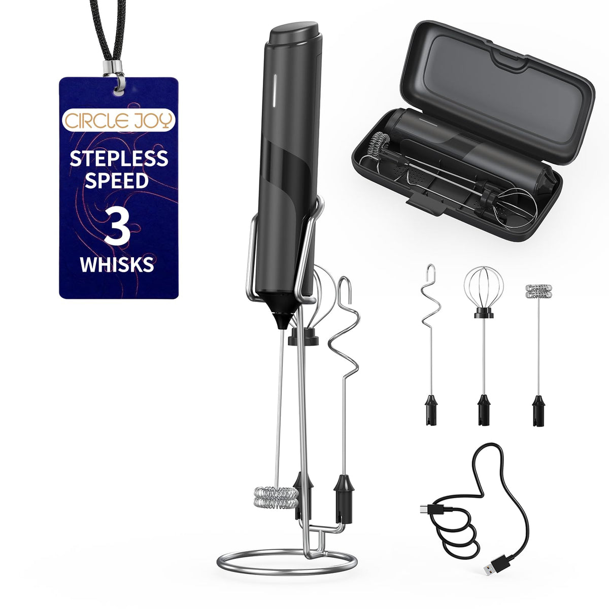 CIRCLE JOY Rechargeable Handheld Milk Frother Wand with 3 Variable Speeds, 3 Whisks and Storage Box, Electric Drink Mixer for Latte, Cappuccino, Hot Chocolate, Eggs and Protein Powder, Black