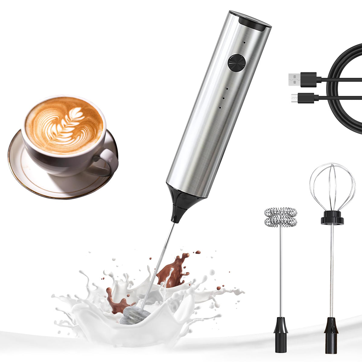 YARRAMATE Rechargeable Milk Frother, 3-Speed Electric Whisk, 2 Heads