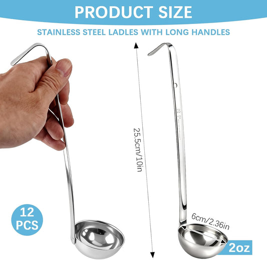 12 Pieces Stainless Steel Soup Ladle Sturdy Soup Ladle with Long Handles Portion Control Serving Spoons for Cooking Soup Sauce Kitchen Home(2 oz)