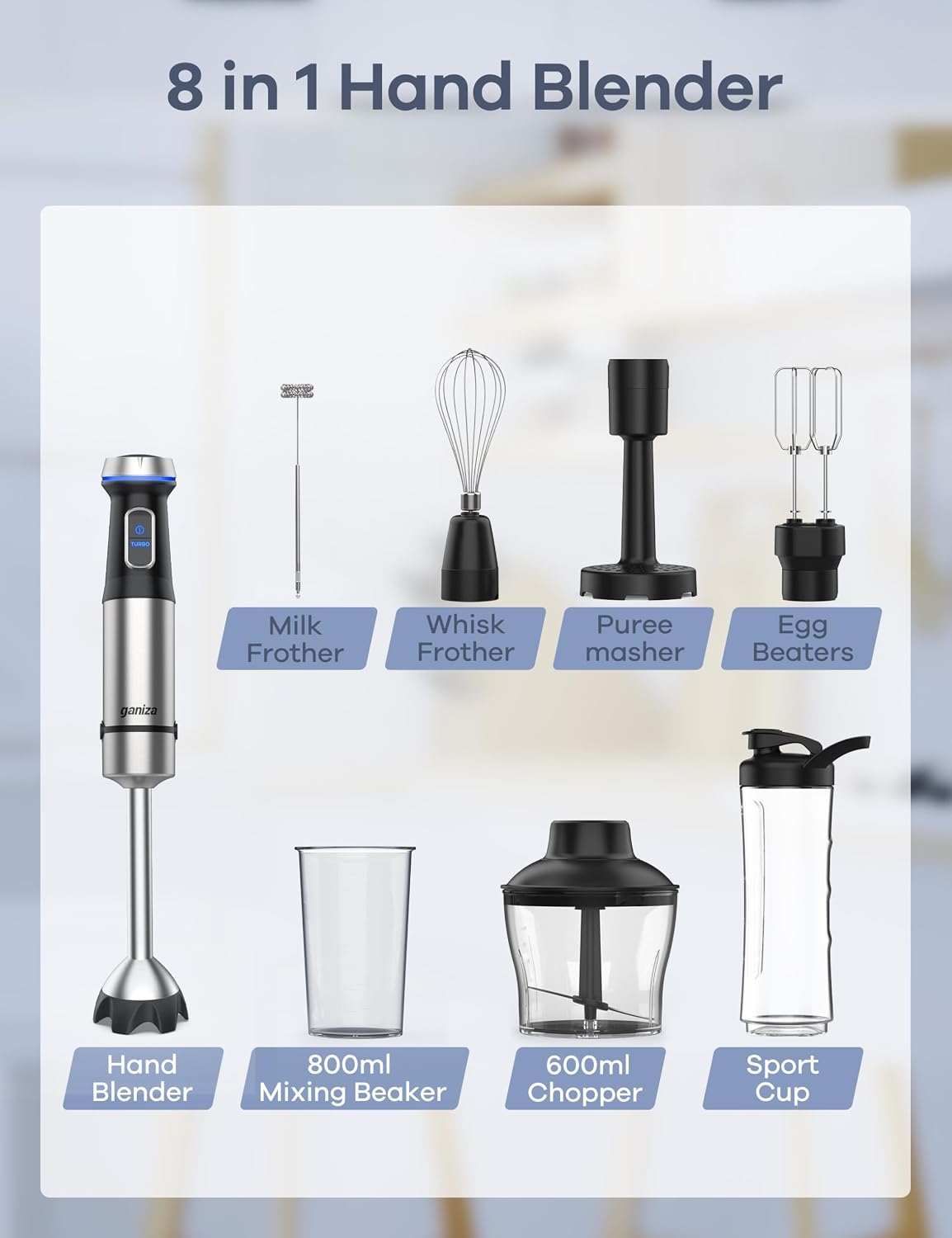 Ganiza Immersion Blender Handheld Corded 8 in 1 Hand Blender Max 1000W
