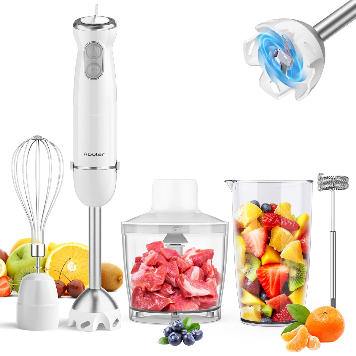 Immersion Blender Handheld 5 in 1 Hand Blender, 1000W Hand Mixer Stick, BPA-Free 12 Speed Handheld Blender with Mixing Beaker, Chopper, Whisk and Milk Frother for Soup, Smoothies, Sauce, Baby Food