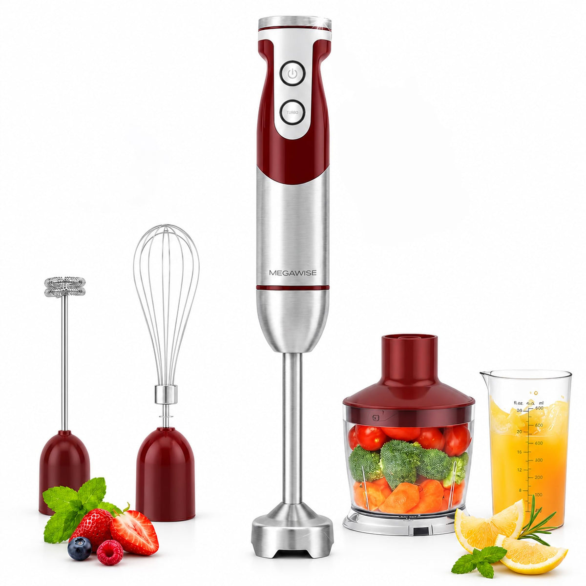 MEGAWISE Immersion Hand Blender 3-in-1, 12-Speed Stick Blender with Turbo, Egg Whisk & Milk Frother for Soups, Sauces, Smoothies and Baby Food, Red