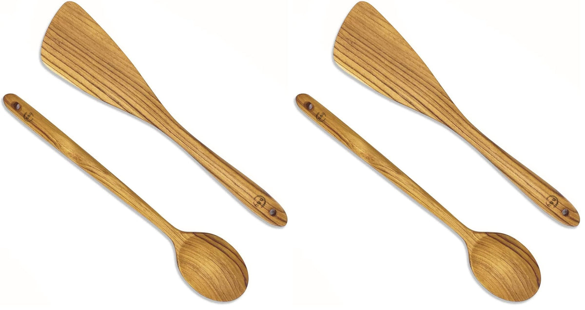 FAAY 12.5 Inch Wood Utensil Set (2 PCS), Teak Wooden Right Hand Spatula & Flat Spoon, 100% Natural from High Moist Resistance Teak Wood, Healthy Wooden Spoon Spatula for Non Stick Cookware