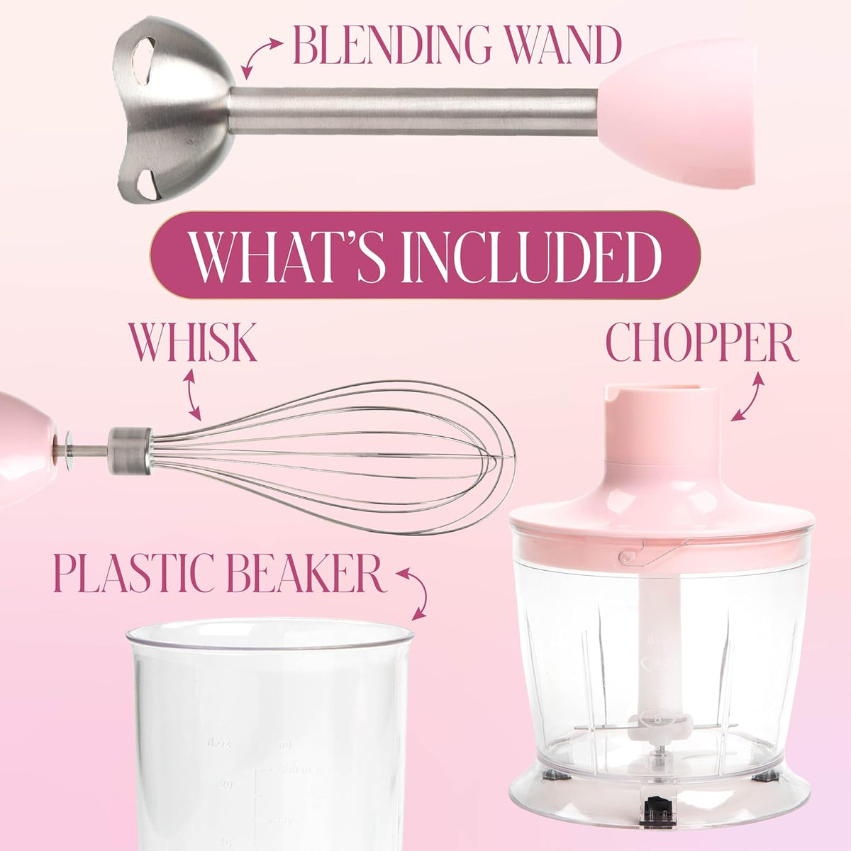 Paris Hilton Hand Blender Set, 3-in-1 Immersion Blender with Whisk, Blending & Chopper Attachments, 400W High Speed, Pink with Gold Accents, Handheld Blender for Smoothies, Soups, Sauces, Cream, Pink