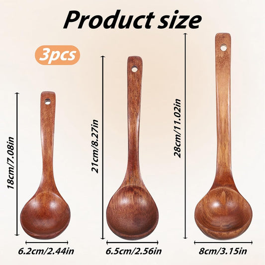3 Size Wood Ladle Spoon with Back Hooks, Wooden Ladle for Soup