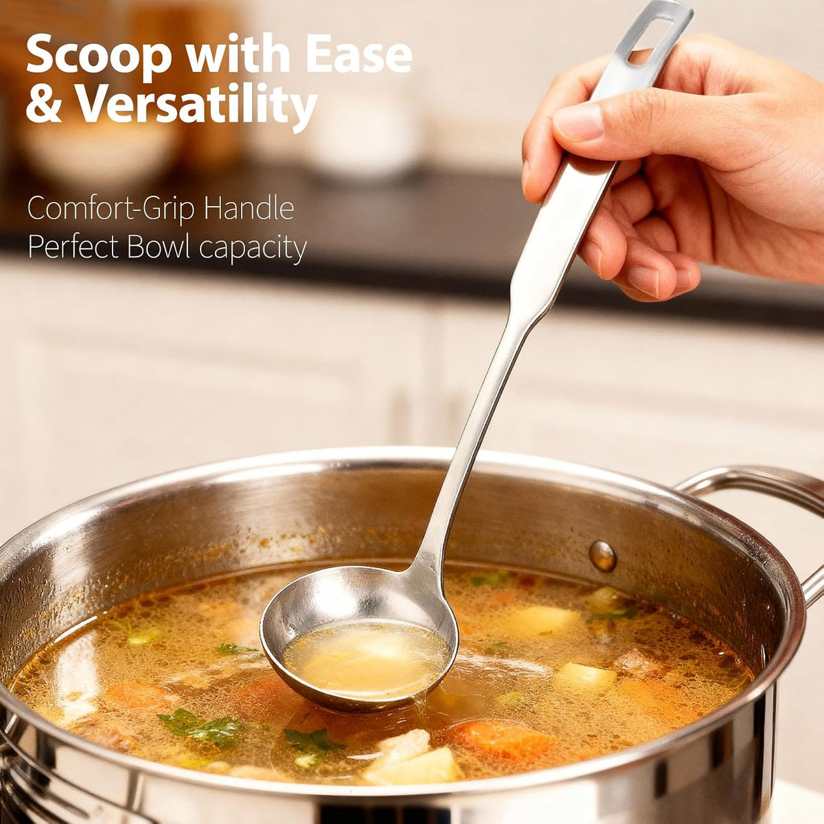 Stainless Steel Soup Ladle, 11.8-Inch Long Handle, Deep Bowl for Soup, Stew, Chili & Sauce, One-Piece Metal Serving Spoon with Hanging Hole, Dishwasher Safe