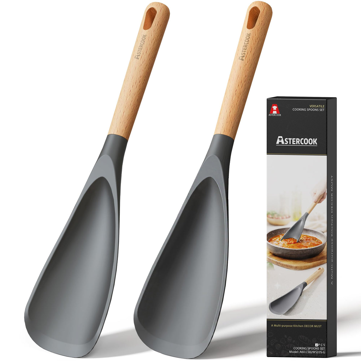 Astercook Cooking Spoon, 2 Pack, Nonstick Safe Silicone Spoonula Spatula