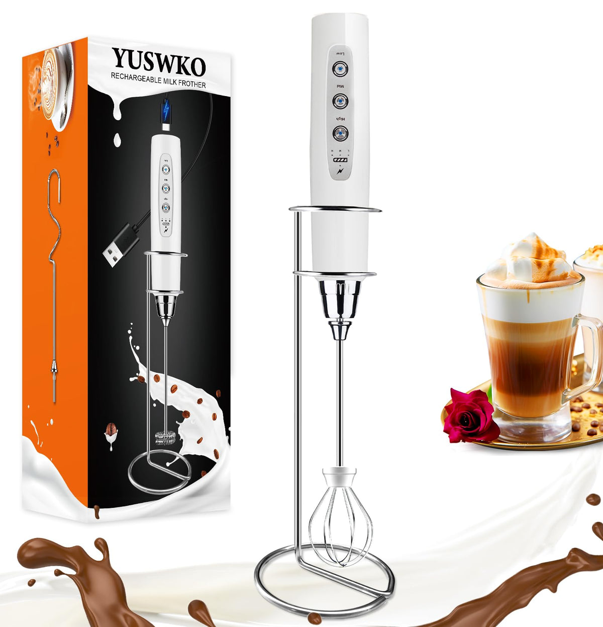 YUSWKO Handheld Milk Frother Wand for Coffee, Rechargeable Electric Whisk