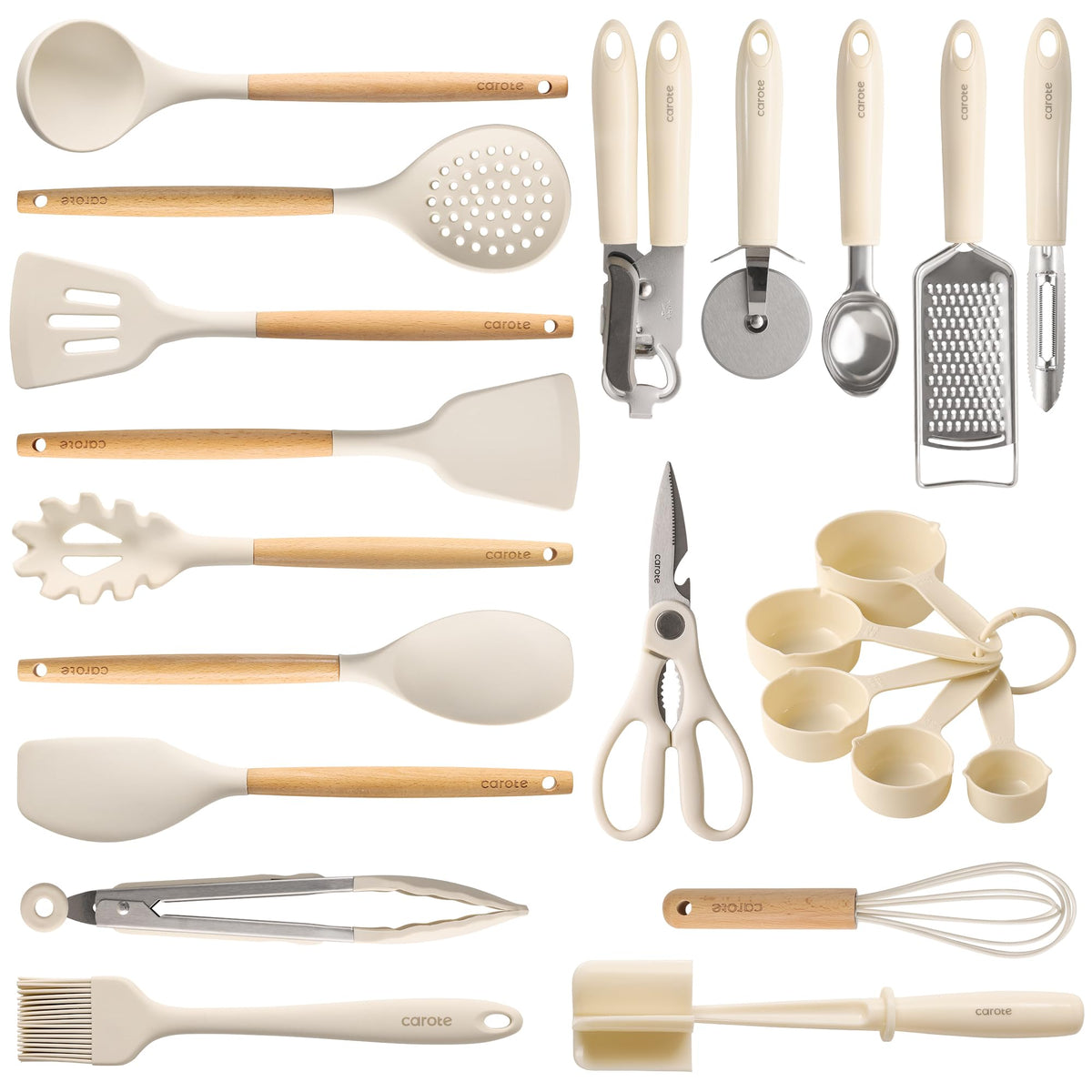 CAROTE 10-Piece Kitchen Utensils Set with Wood Cool-Touch Handles, Cream