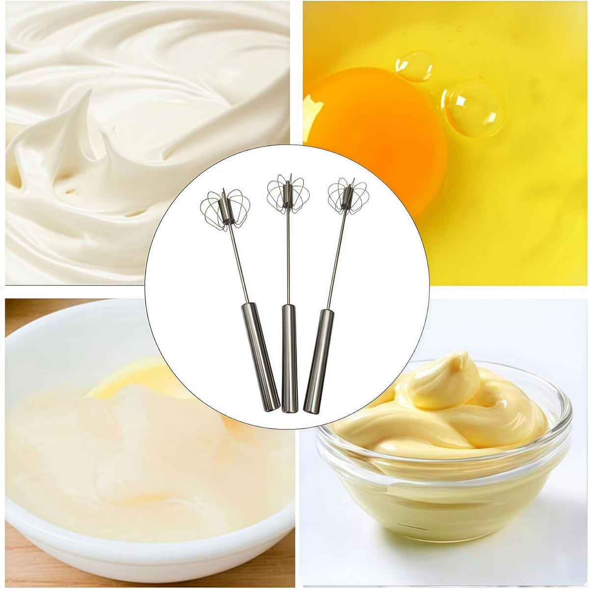 3 Pack Stainless Steel Egg Whisk, Semi-Automatic Push-Down Hand Push Mixer Stirrer Ideal For Blending, Baking tool, Beating Eggs, Butter & Milk