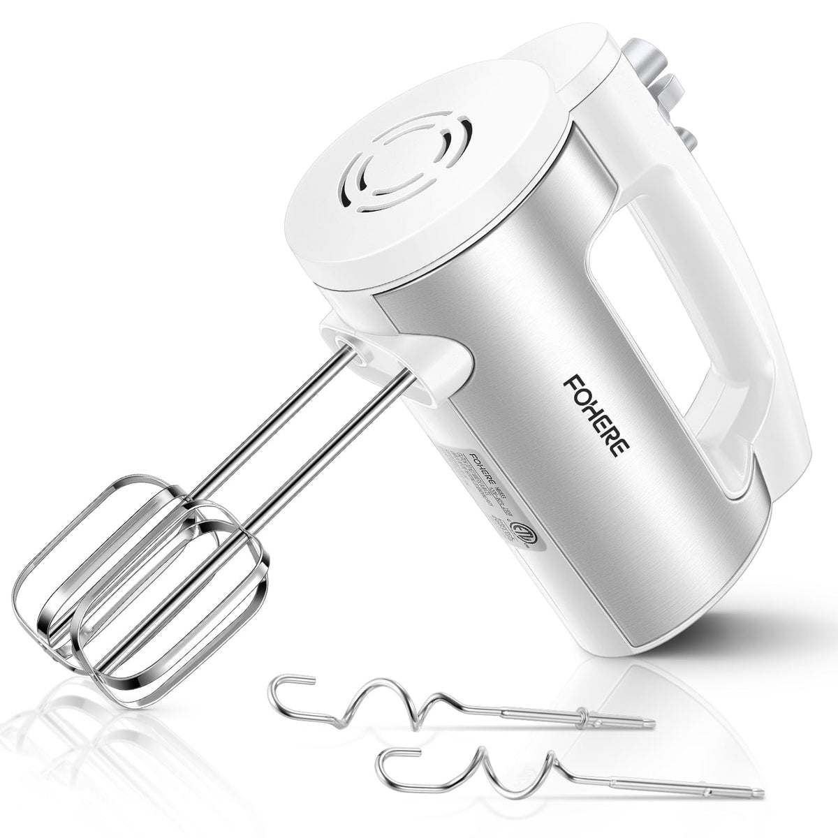 Hand Mixer Electric Handheld, 6 Speed & Turbo Electric Mixer, 300W Handheld Mixer with 2 Stainless Steel Whisk and 2 Dough Hook for Whipping, Mixing Cookies, Brownie, Cakes, Dough Batters, Silver