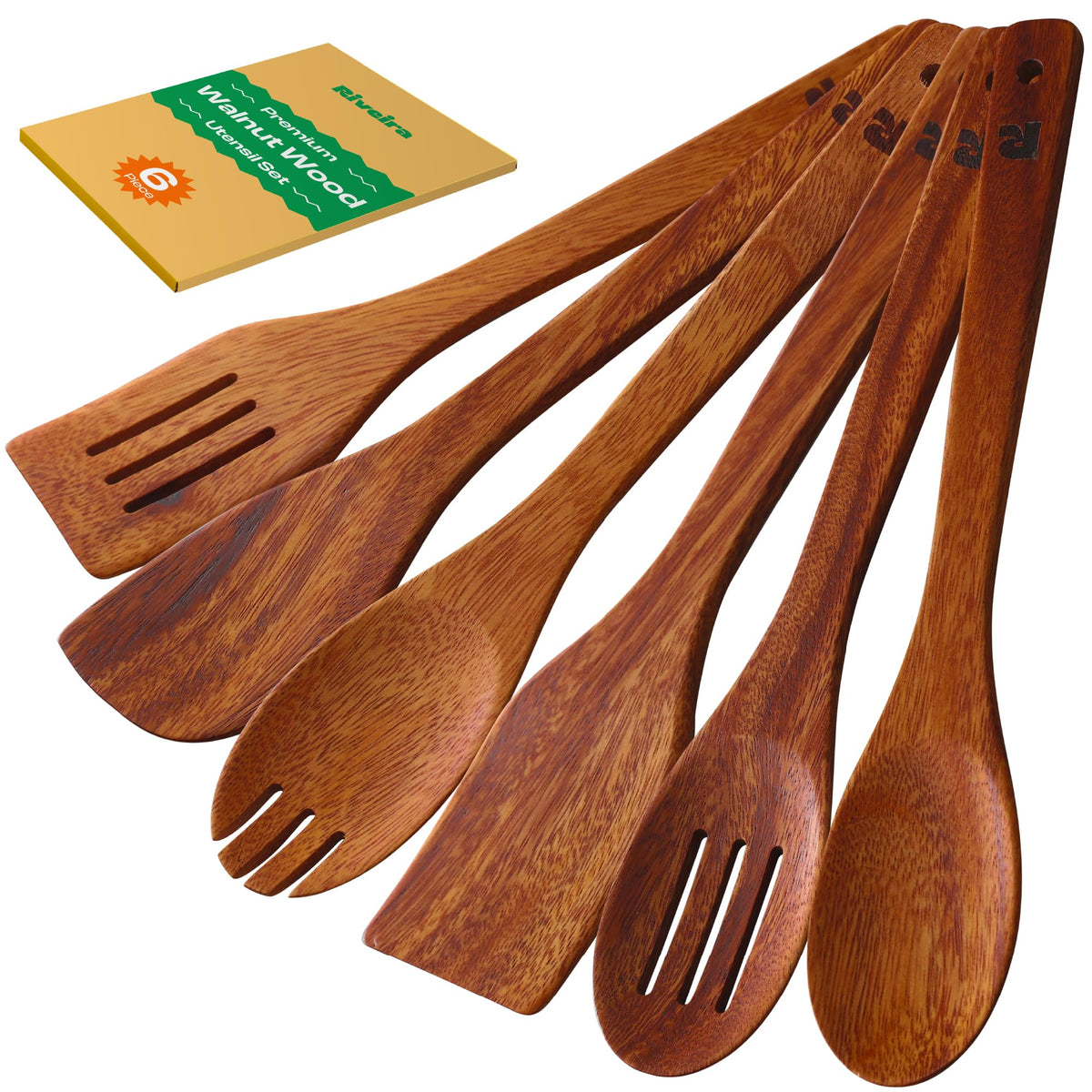Riveira Bamboo Cooking Spoons 6-Piece – Wooden Cooking Utensils Set with Wooden Spoons for Cooking & Spatulas Wooden Utensil Sets – Premium Kitchen Utensils Set – Durable First Apartment Essentials