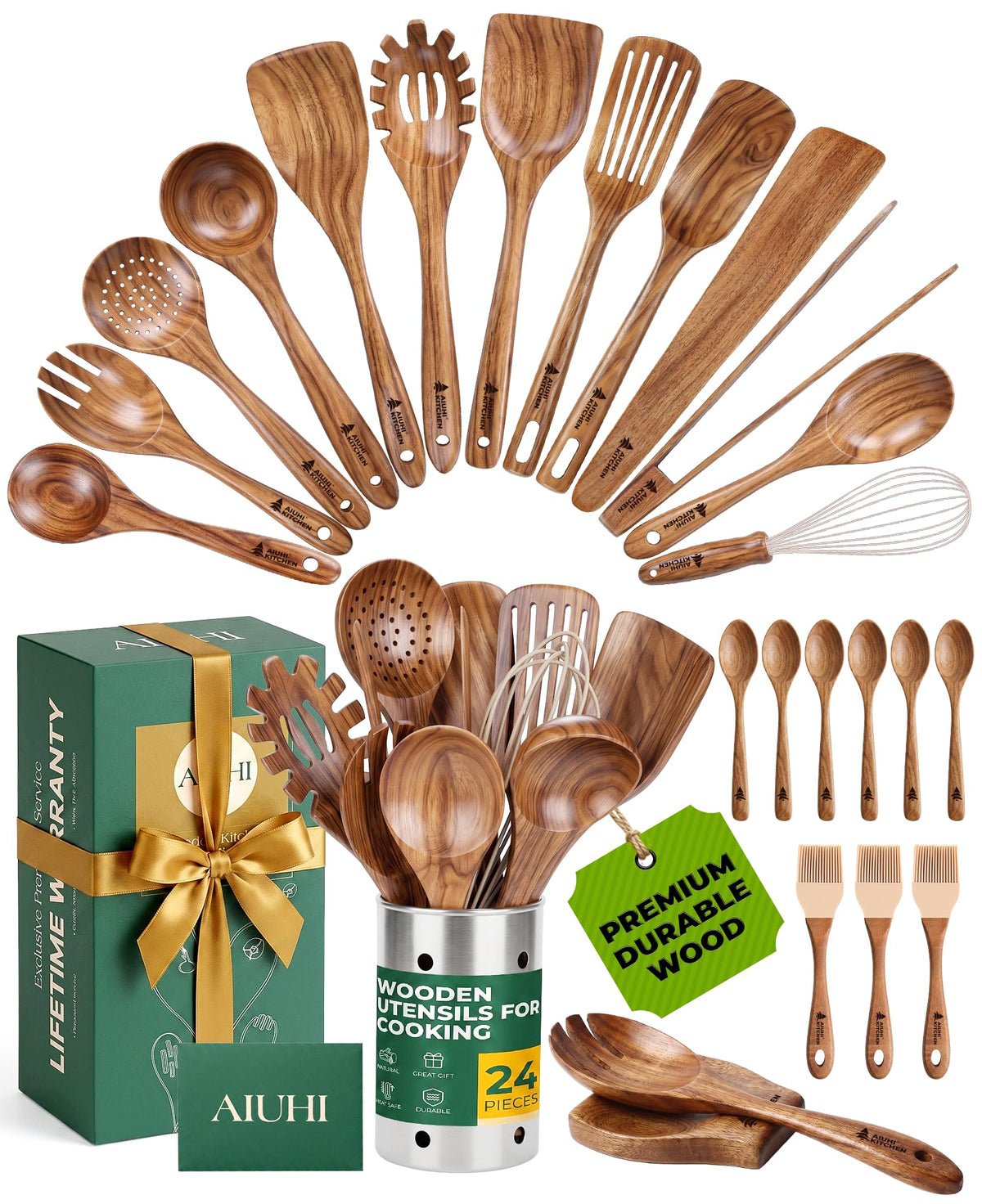 AIUHI 11-Piece Natural Teak Wood Kitchen Utensil Set with Holder, Wooden Spoons and Cooking Utensils for Nonstick Cookware, Includes Spatulas, Ladle and Whisk