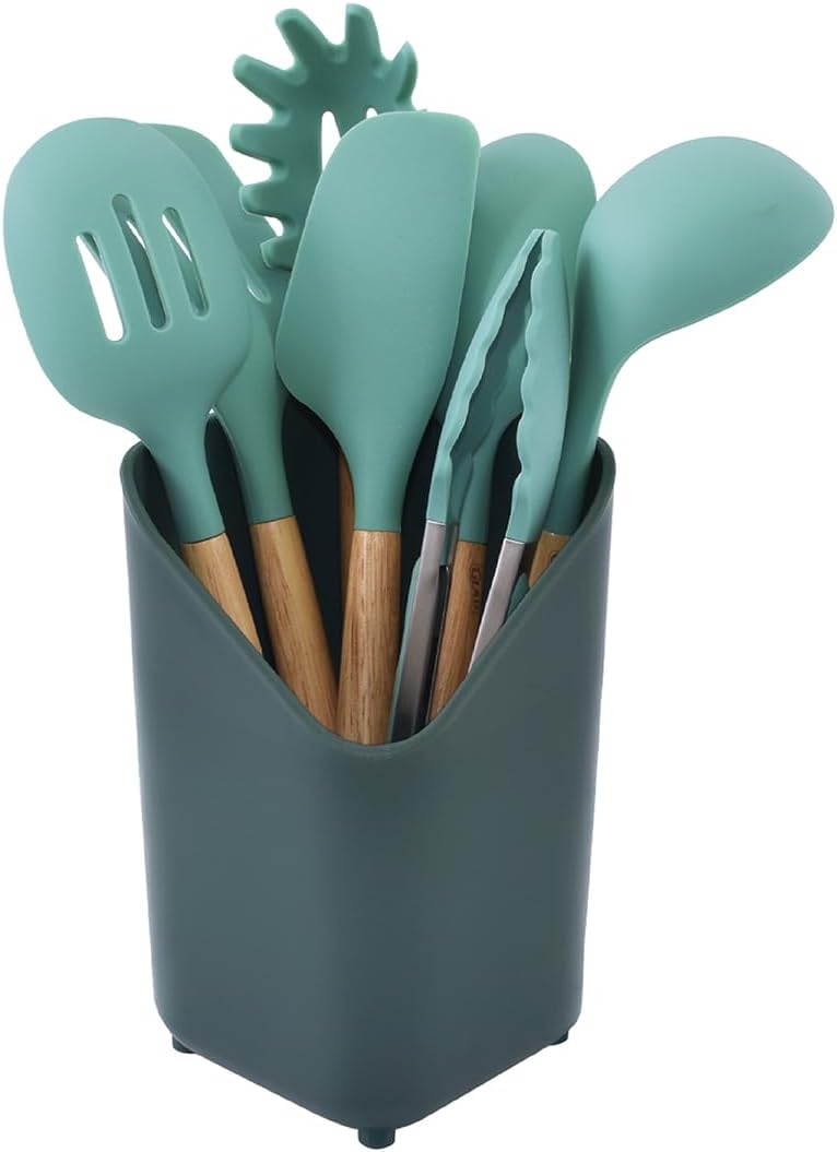 Glad Silicone Kitchen Utensils Set, 8pcs - Nonstick Cooking Tools with Wooden Handles and Utensil Holder - Spatula Set with Turner, Ladle, Spoons, Tongs, and Spaghetti Server - Teal Green