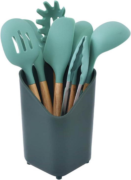 Glad Silicone Kitchen Utensils Set, 8pcs - Nonstick Cooking Tools with Wooden Handles and Utensil Holder - Spatula Set with Turner, Ladle, Spoons, Tongs, and Spaghetti Server - Teal Green