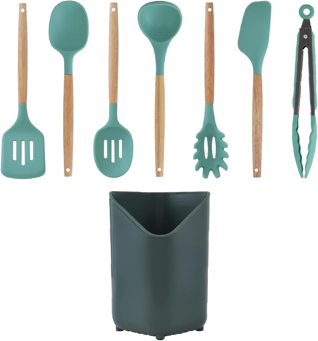 Glad Silicone Kitchen Utensils Set, 8pcs - Nonstick Cooking Tools with Wooden Handles and Utensil Holder - Spatula Set with Turner, Ladle, Spoons, Tongs, and Spaghetti Server - Teal Green
