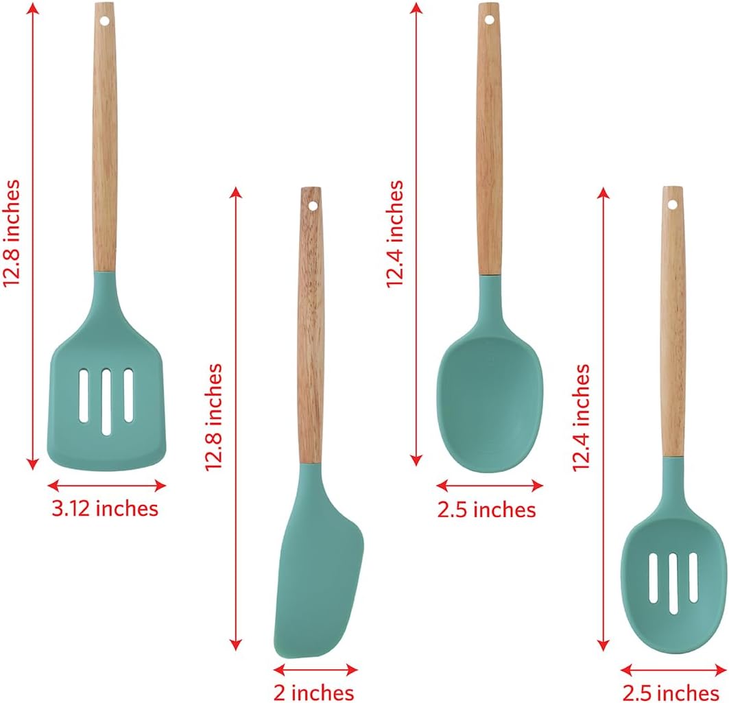 Glad Silicone Kitchen Utensils Set, 8pcs - Nonstick Cooking Tools with Wooden Handles and Utensil Holder - Spatula Set with Turner, Ladle, Spoons, Tongs, and Spaghetti Server - Teal Green