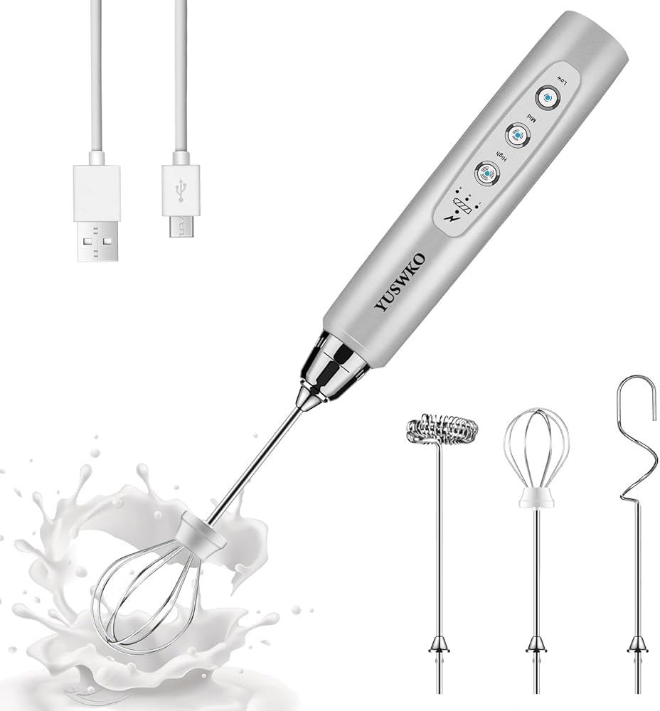 YUSWKO Handheld Milk Frother Wand for Coffee, Rechargeable Electric Whisk