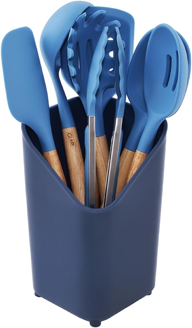 Glad Silicone Kitchen Utensils Set, 8pcs - Nonstick Cooking Tools with Wooden Handles and Utensil Holder - Spatula Set with Turner, Ladle, Spoons, Tongs, and Spaghetti Server - Teal Green