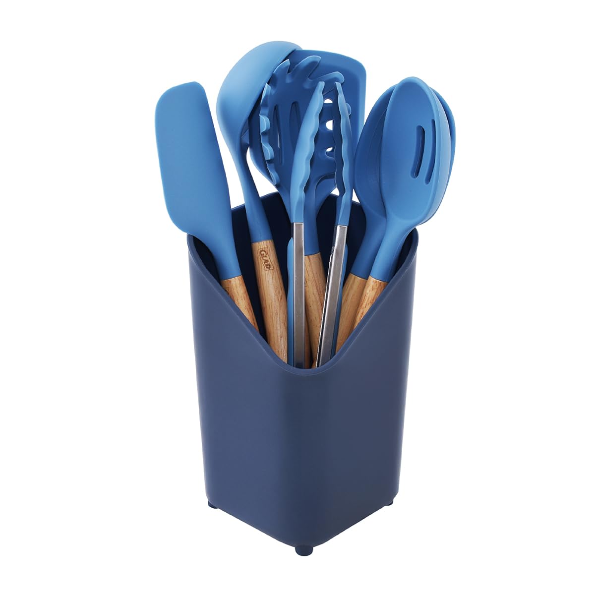 Glad Silicone Kitchen Utensils Set, 8pcs - Nonstick Cooking Tools with Wooden Handles and Utensil Holder - Spatula Set with Turner, Ladle, Spoons, Tongs, and Spaghetti Server - Teal Green