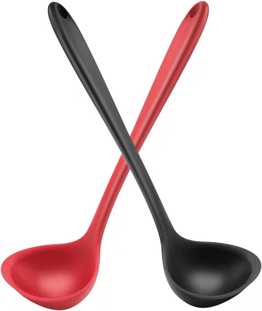 12" Silicone Ladle Spoon Set of 2, Long handle soup spoons Seamless & Nonstick, Heat resistant 600 °F Kitchen Soup Ladles for Cooking.