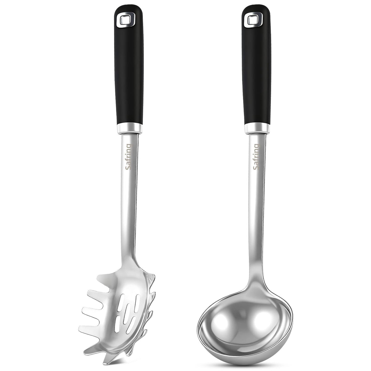 Safring Stainless Steel Soup Ladle and Spaghetti Spoon Set, Heat Resistant Rubber Handle, Dishwasher Safe, Kitchen Utensils for Cooking, Stirring, Serving Pasta, Soup & Sauce