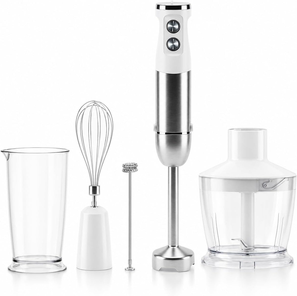 MEGAWISE 1000W Immersion 5-in-1 Hand Blender Stick with Variable Speed Turbo, Stainless Steel Kitchen Appliance for Soup Smoothie, Includes Whisk Milk Frother Chopper Beaker White