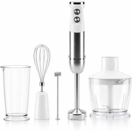 MEGAWISE 1000W Immersion 5-in-1 Hand Blender Stick with Variable Speed Turbo, Stainless Steel Kitchen Appliance for Soup Smoothie, Includes Whisk Milk Frother Chopper Beaker White