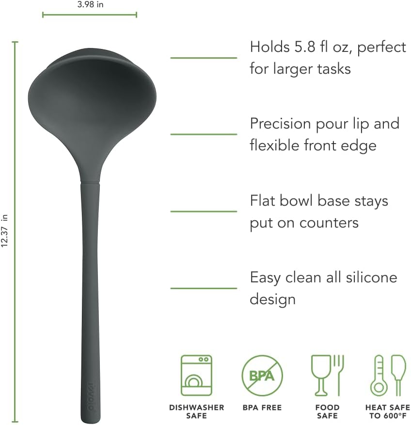 Tovolo Flex Core Silicone Ladle BPA Free Charcoal Gray Deep Silicone Soup Ladle, Heat Resistant All Silicone Ladle Construction, Large Dishwasher Sage Soup Ladle Kitchen Utensil for Cooking