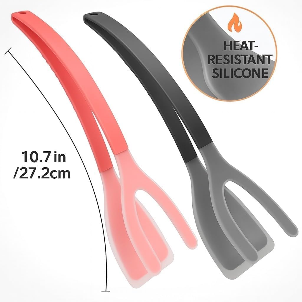 Egg Flipper Spatula Tongs, 2-in-1 Grip & Flip Kitchen Tongs, Non-Stick Silicone Spatula for Eggs, Pancakes, Fish, Omelets & Burgers, Heat Resistant Cooking Utensils, Set of 2