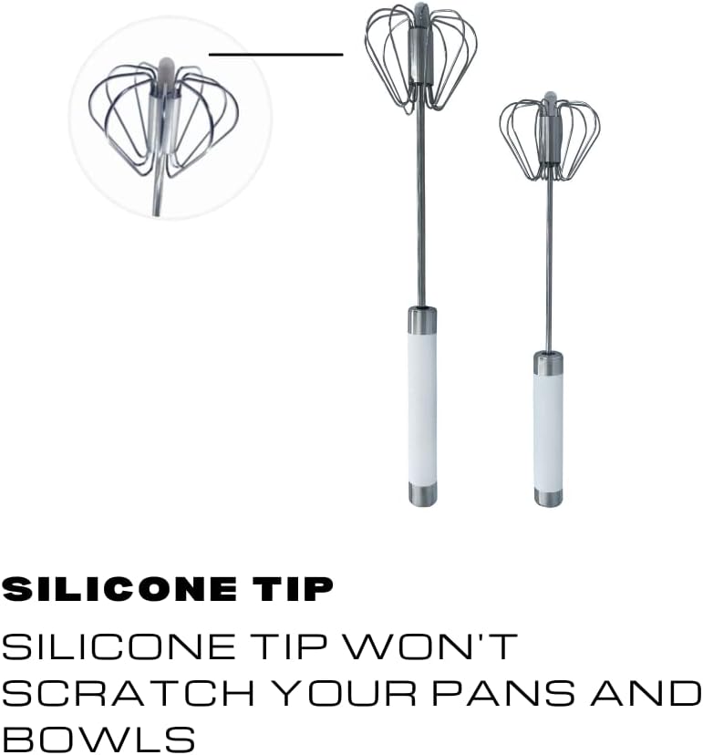Stainless Steel Push Whisk - Easy to Use Manual Hand Mixer & Plunger Whisk - Make Froth, Foam & Whipped Cream - Semi Auto Egg Beater Plastic Tip Won’t Scratch Pans (2 Pack 10in & 12in) WHITE