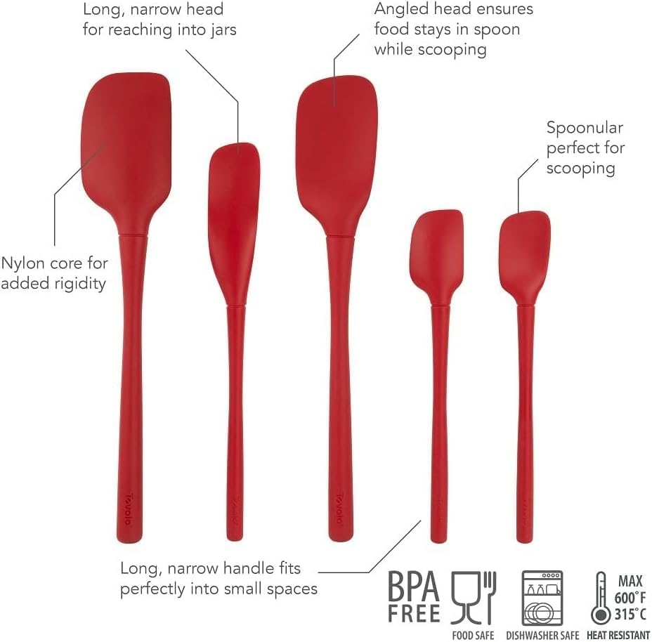Tovolo Flex Core 5 Piece Silicone Spatula Set Heat Resistant All Silicone Utensils Include Non Stick Spatula Spoonula Jar Scraper, Dishwasher Safe BPA Free Spatulas for Baking Mixing, Cayenne Red