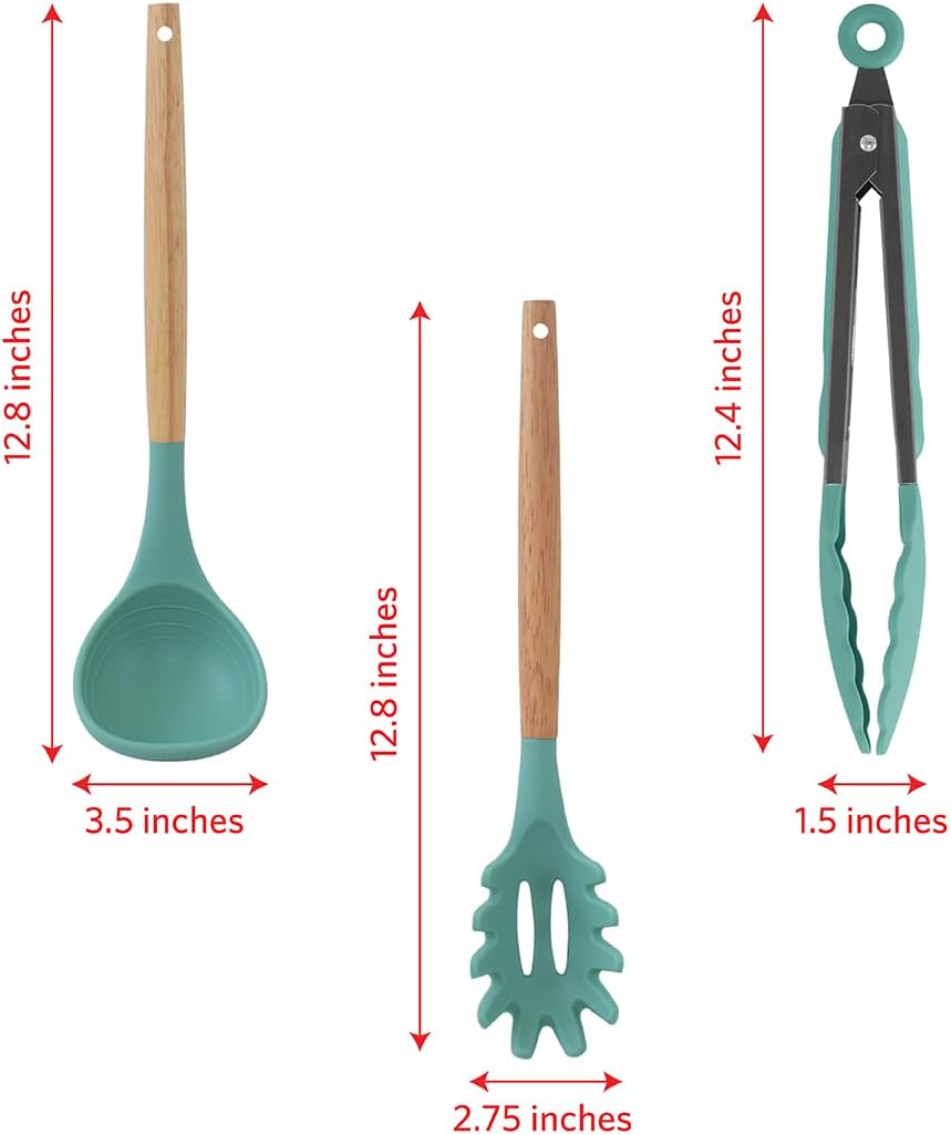 Glad Silicone Kitchen Utensils Set, 8pcs - Nonstick Cooking Tools with Wooden Handles and Utensil Holder - Spatula Set with Turner, Ladle, Spoons, Tongs, and Spaghetti Server - Teal Green