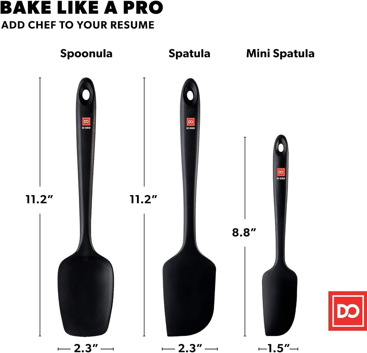 DI ORO Silicone Spatula Set - 600F Heat Resistant, 3-Pc Black
