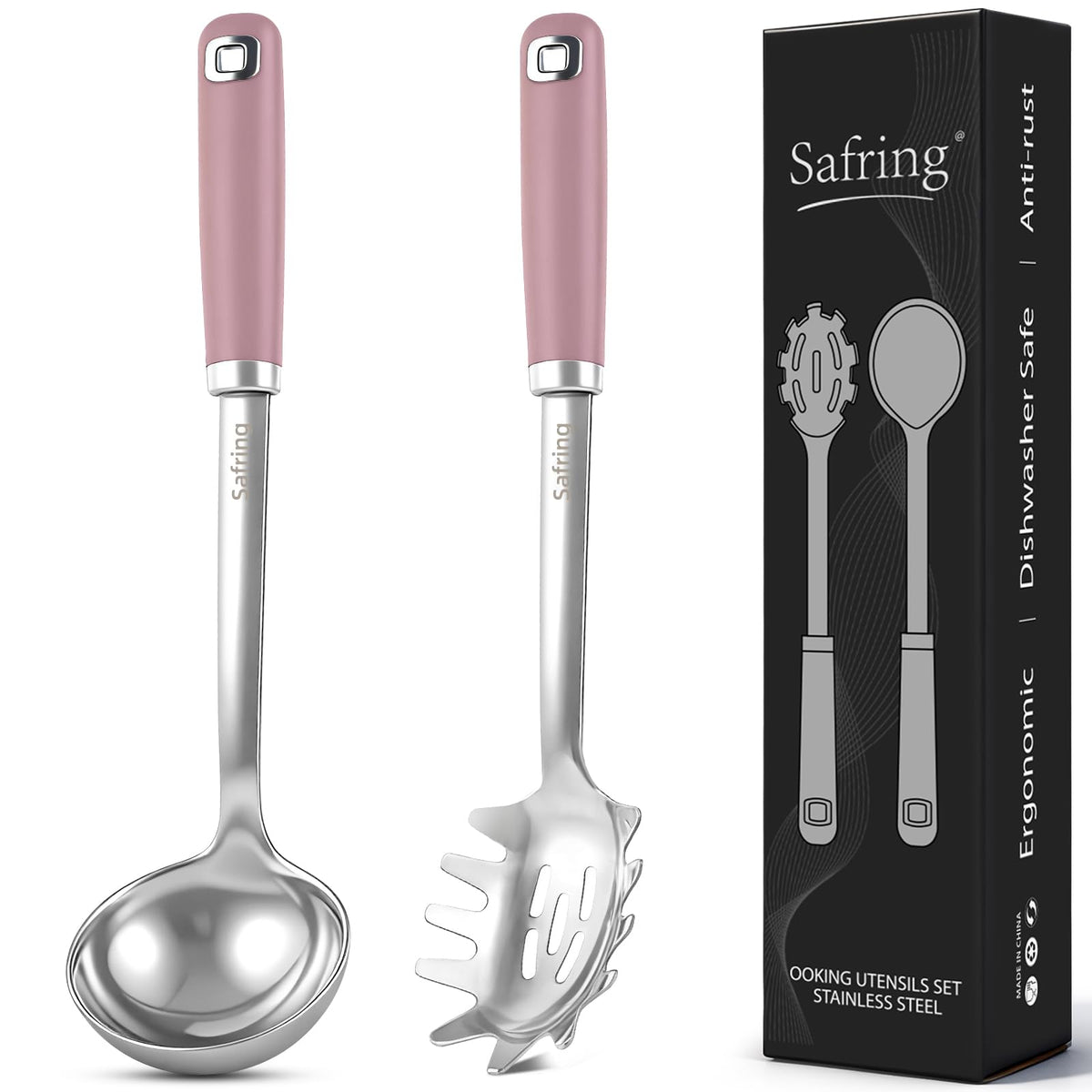 Safring Stainless Steel Soup Ladle and Spaghetti Spoon Set, Heat Resistant Rubber Handle, Dishwasher Safe, Kitchen Utensils for Cooking, Stirring, Serving Pasta, Soup & Sauce
