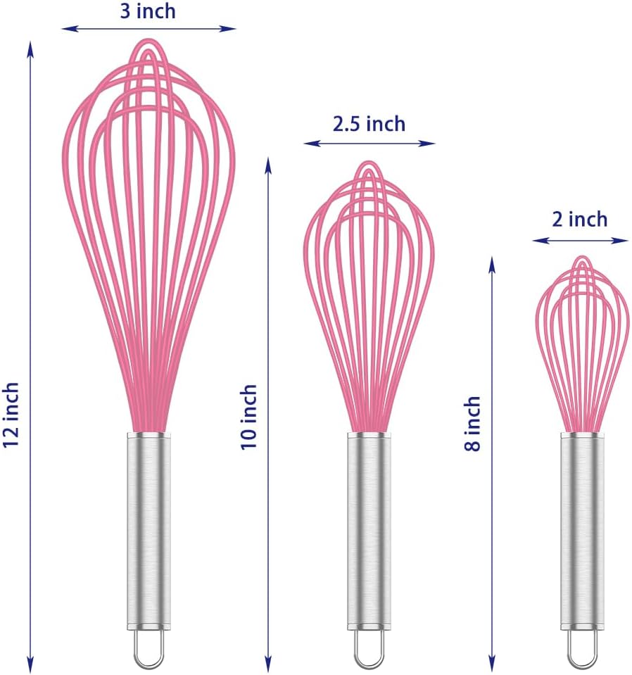 OYV Pink Silicone Whisk Set of 3, 8/10/12 Inch, Non-Scratch