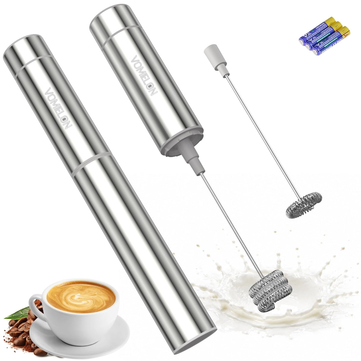 Milk Frother Handheld, Battery Operated Travel Coffee Frother Milk Foamer Drink Mixer with 2 Stainless Steel Whisks for Hot Chocolate, Batteries Included, Silver