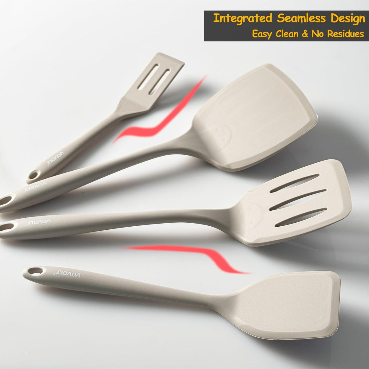 Silicone Spatula Set, 600°F Heat Resistant Kitchen Utensils, 4-Pcs, Khaki