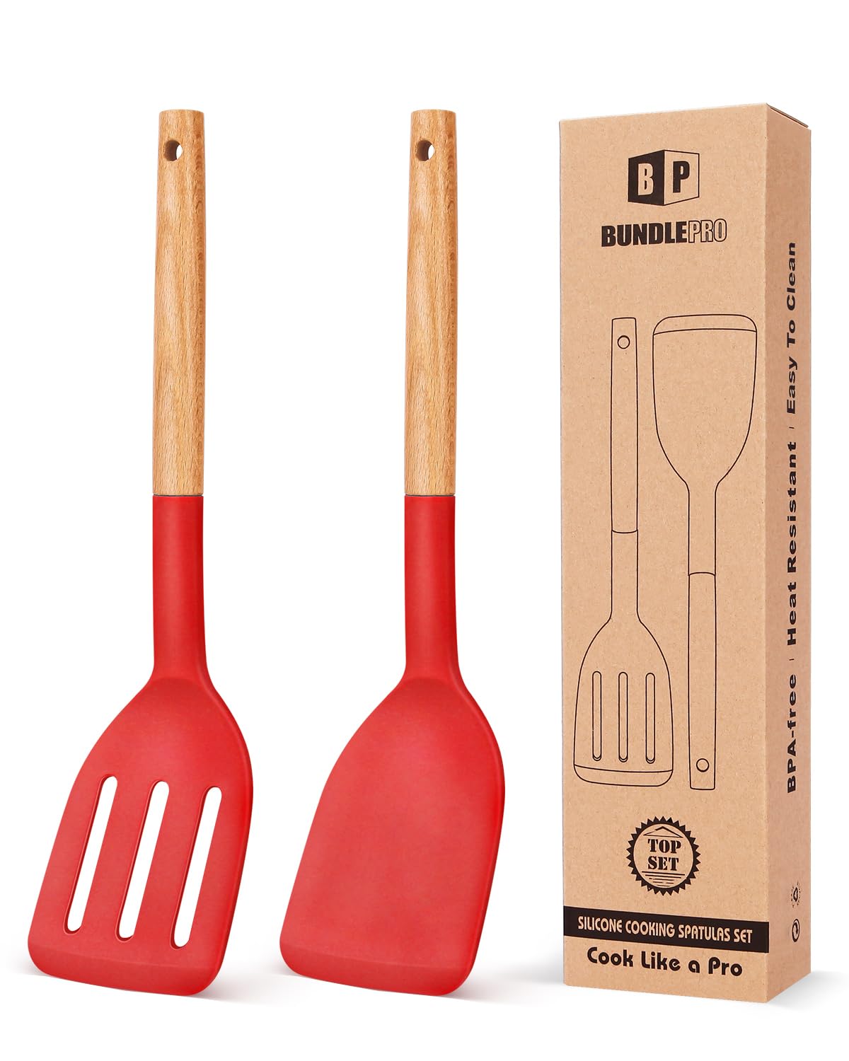 BUNDLEPRO Silicone Spatula, Solid & Slotted Turner, BPA-Free, 2 Pack, Khaki