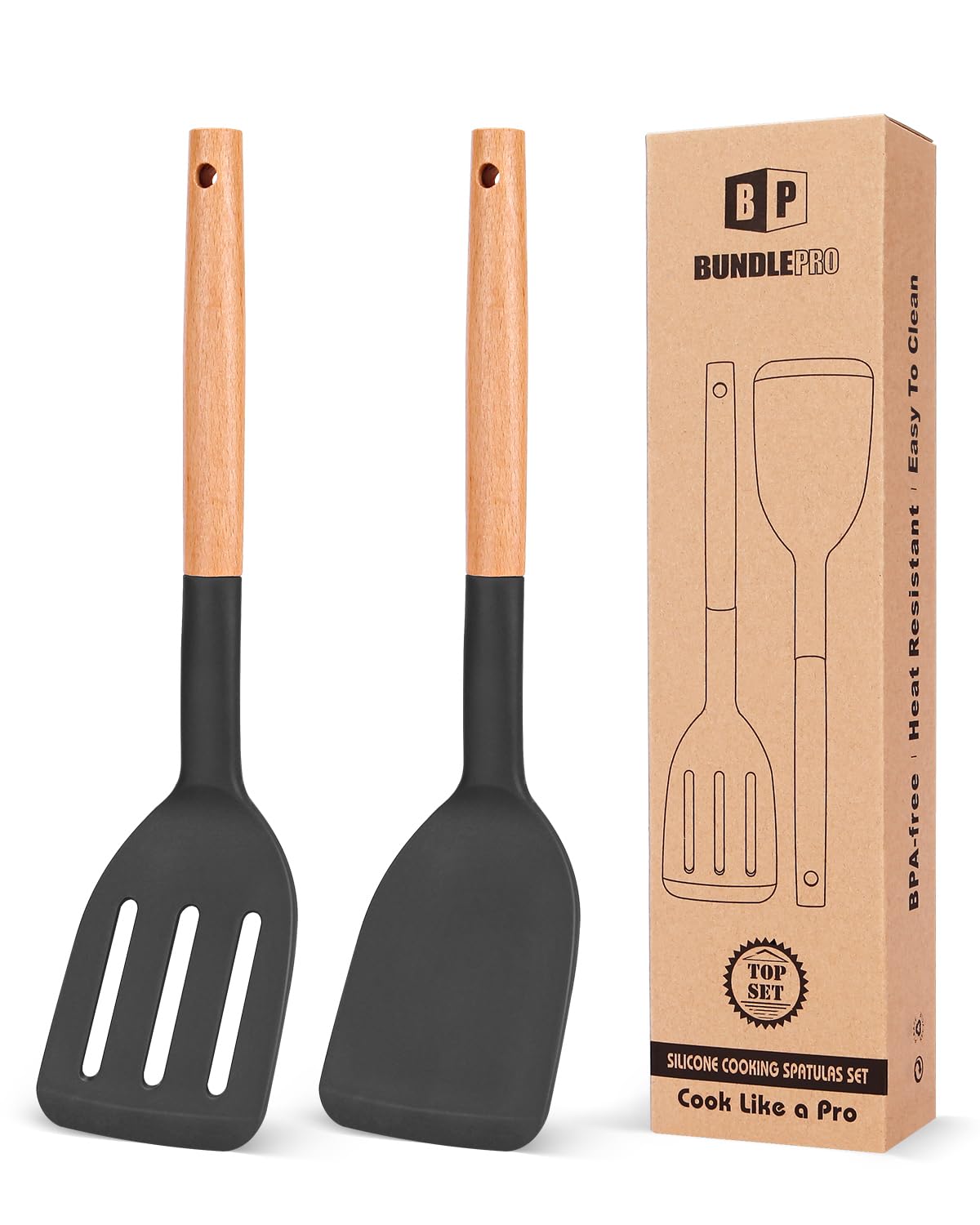 BUNDLEPRO Silicone Spatula, Solid & Slotted Turner, BPA-Free, 2 Pack, Khaki