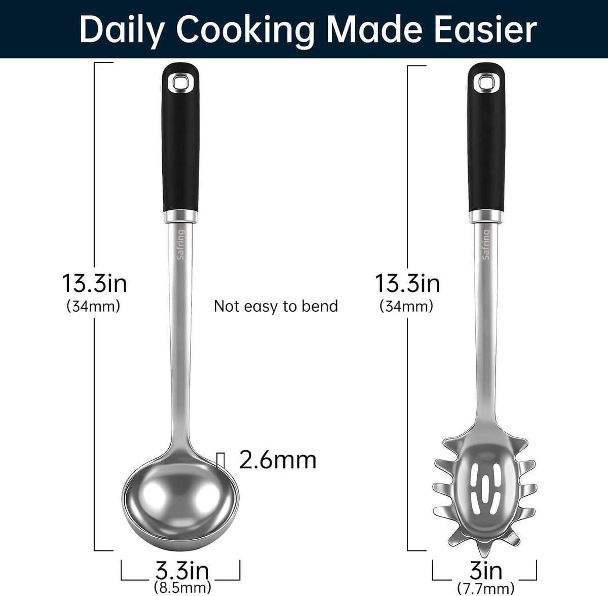 Safring Stainless Steel Soup Ladle and Spaghetti Spoon Set, Heat Resistant Rubber Handle, Dishwasher Safe, Kitchen Utensils for Cooking, Stirring, Serving Pasta, Soup & Sauce