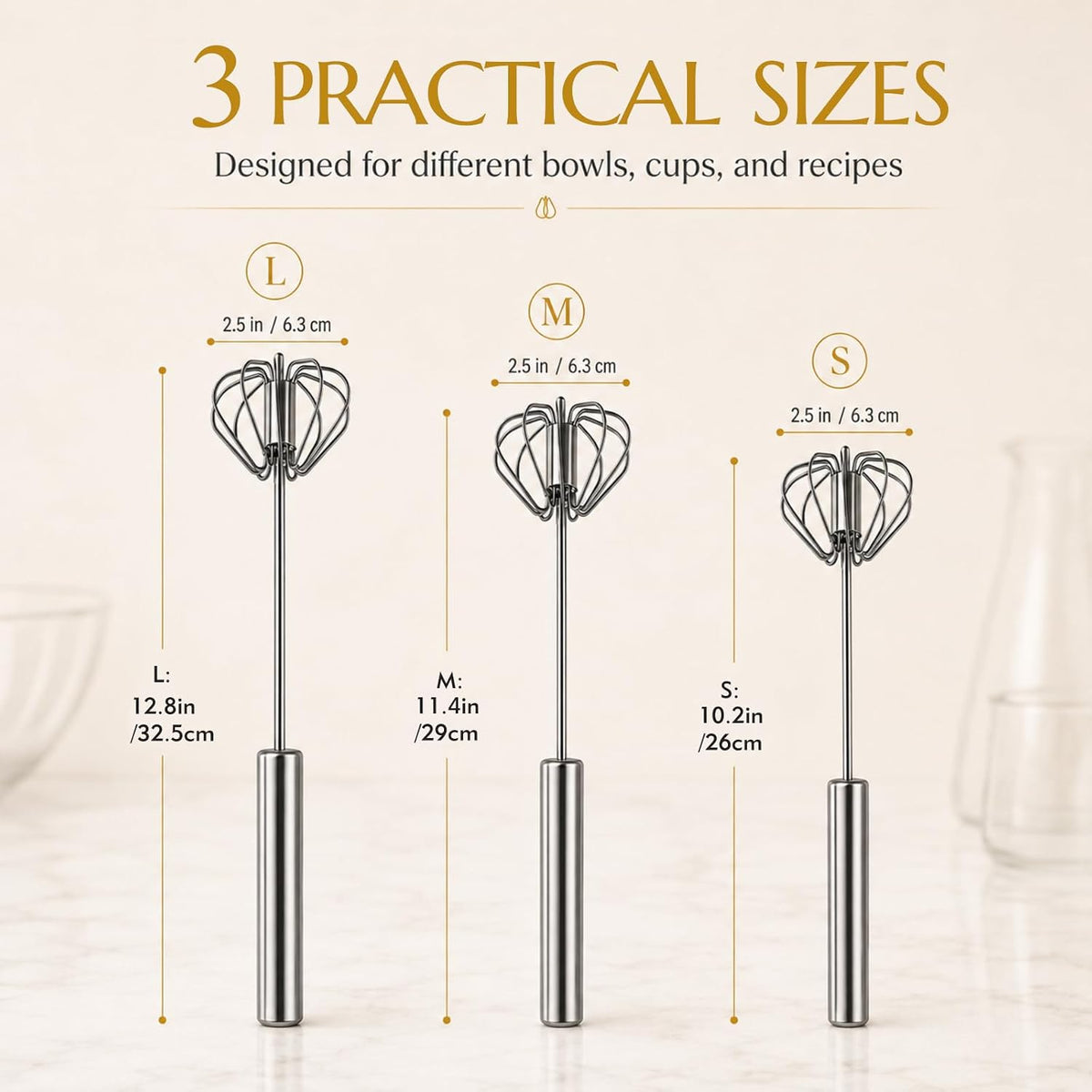 Kerros 3 Pack Semi Automatic Whisk Set, Stainless Steel Egg Beaters
