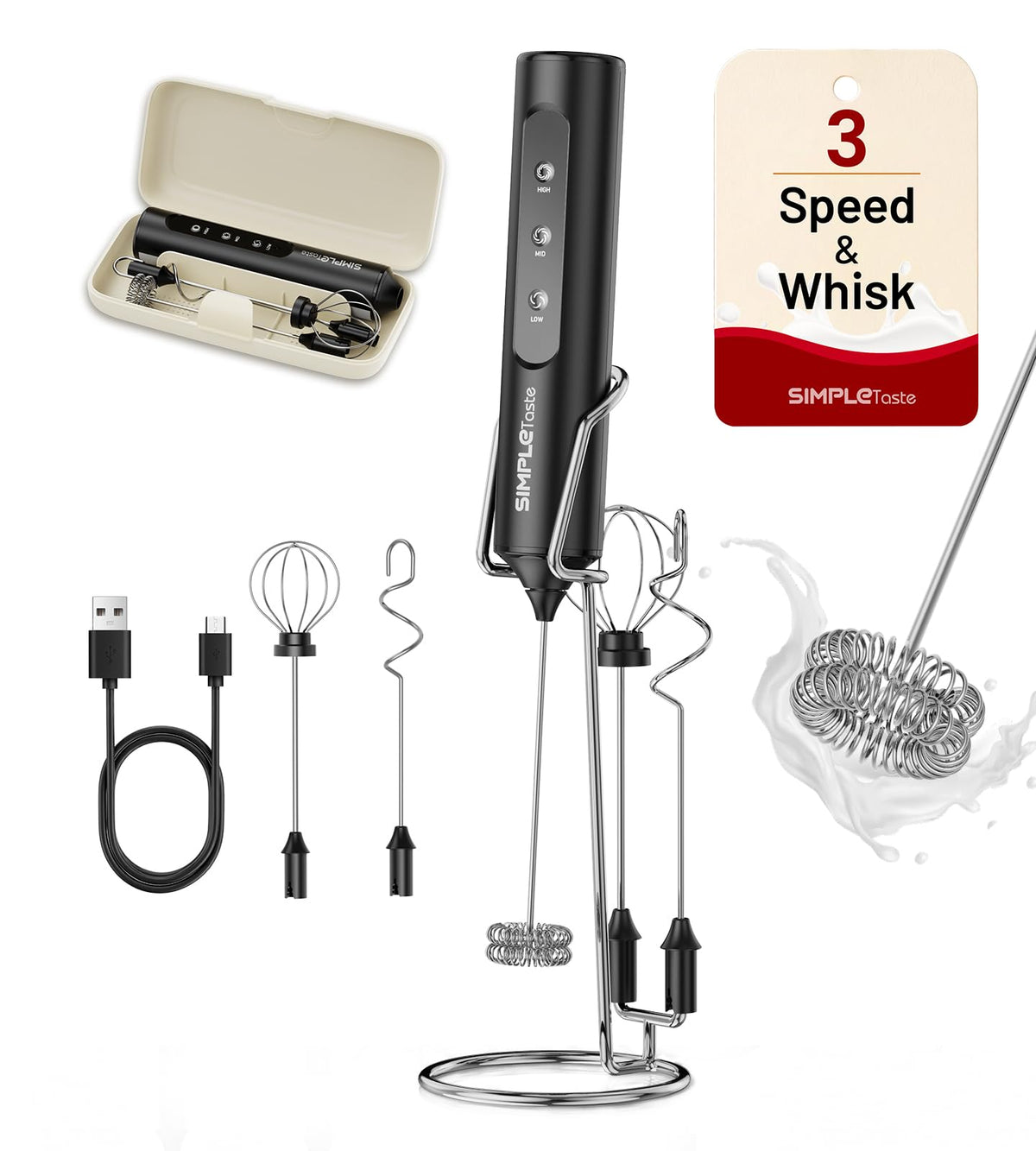 SIMPLETASTE Rechargeable Handheld Milk Frother Wand with Stand