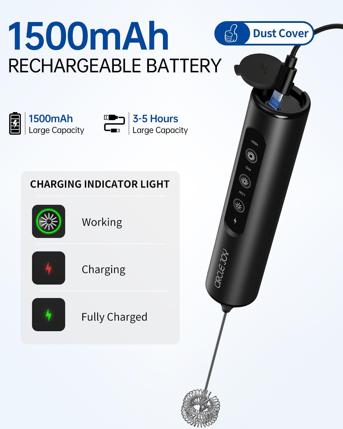 CIRCLE JOY Rechargeable Handheld Milk Frother Wand with 3 Variable Speeds, 3 Whisks and Storage Box, Electric Drink Mixer for Latte, Cappuccino, Hot Chocolate, Eggs and Protein Powder, Black