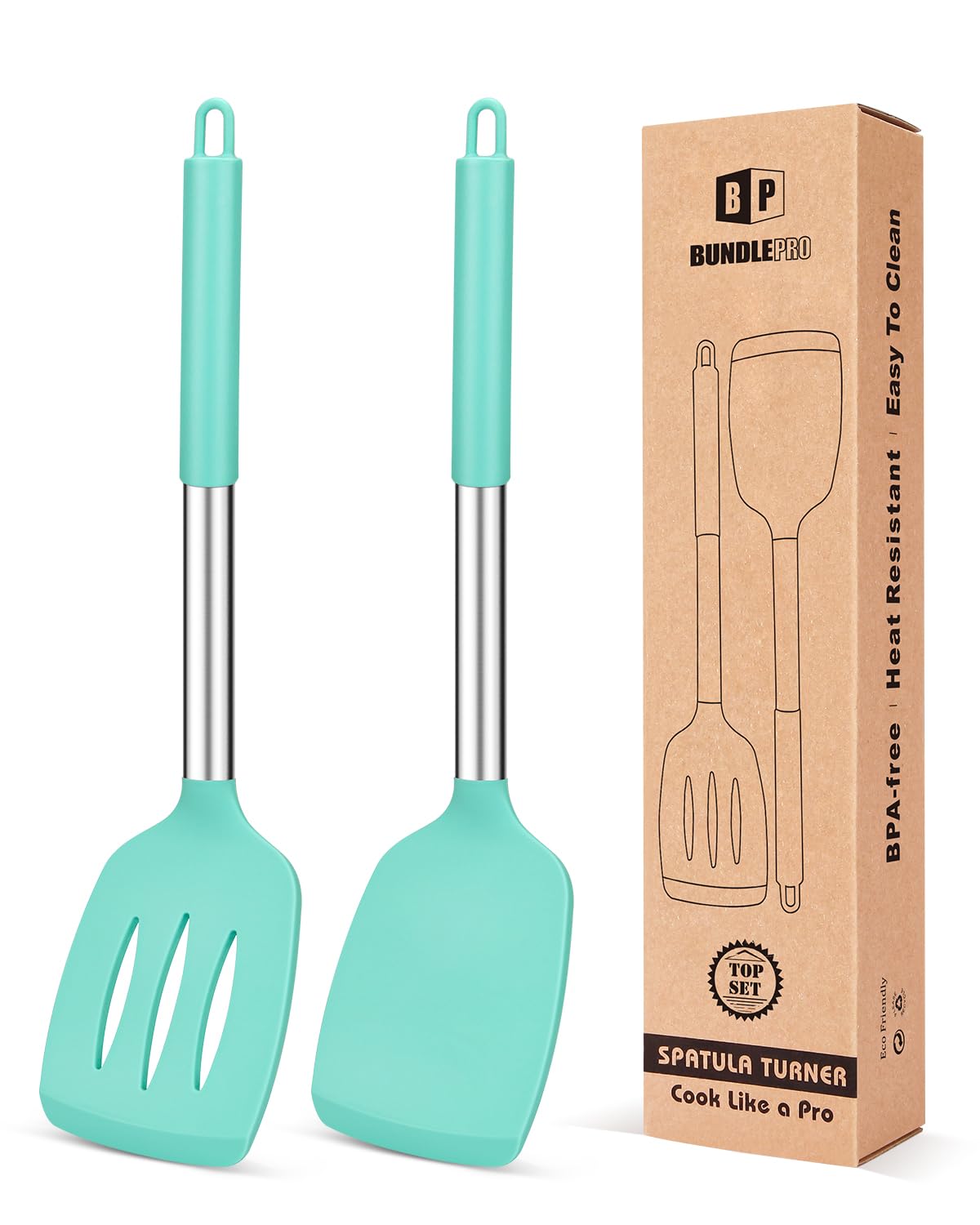 Pack of 2 Silicone Solid Turner, Non Stick Slotted Kitchen Spatulas, High Heat Resistant BPA Free Cooking Utensils, Ideal Cookware for Fish, Eggs, Pancakes(Green)