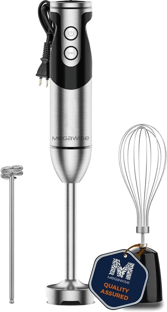 MEGAWISE 3-in-1 Immersion Hand Blender, 12 Speeds, Titanium Blades, Black