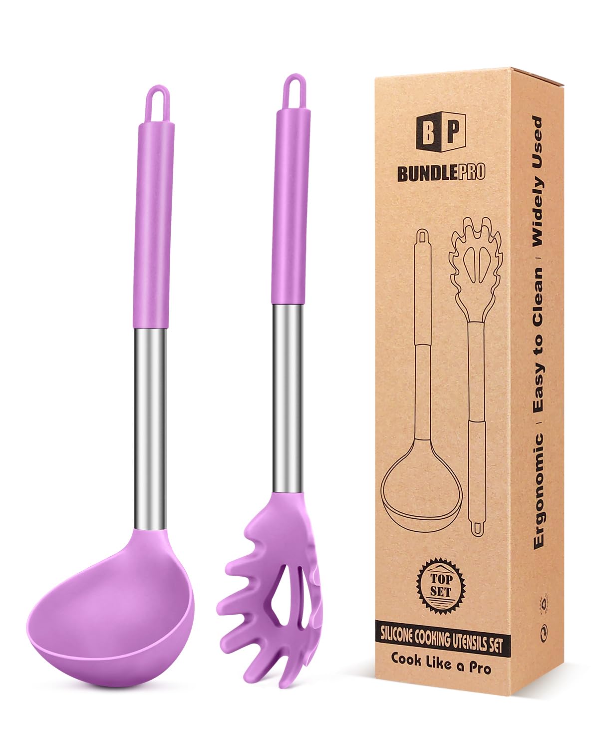 BUNDLEPRO Silicone Soup Ladle and Pasta Spoon Set, 2 Pack, Gray