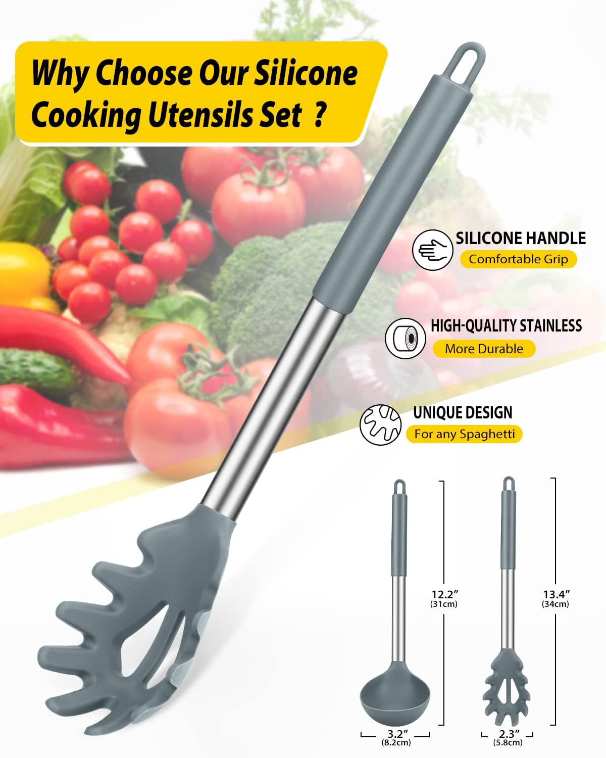 BUNDLEPRO Silicone Soup Ladle and Pasta Spoon Set, 2 Pack, Gray